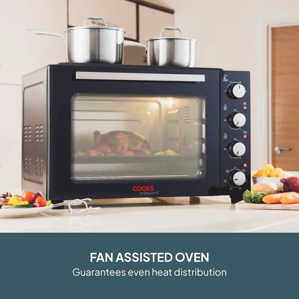 image 1 of Cooks Professional 48L Mini Portable Oven with 2 Ceramic Hobs - Electric Portable Countertop Cooker | Black | Black & Silver