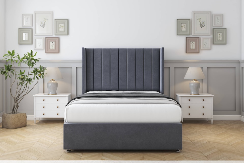 image 1 of Sloomy Falcon Steel Plush Divan Bed With Mattress No Drawers With 54" Wingback Headboard 4' Small Double | Grey | Steel | Small Double | 1