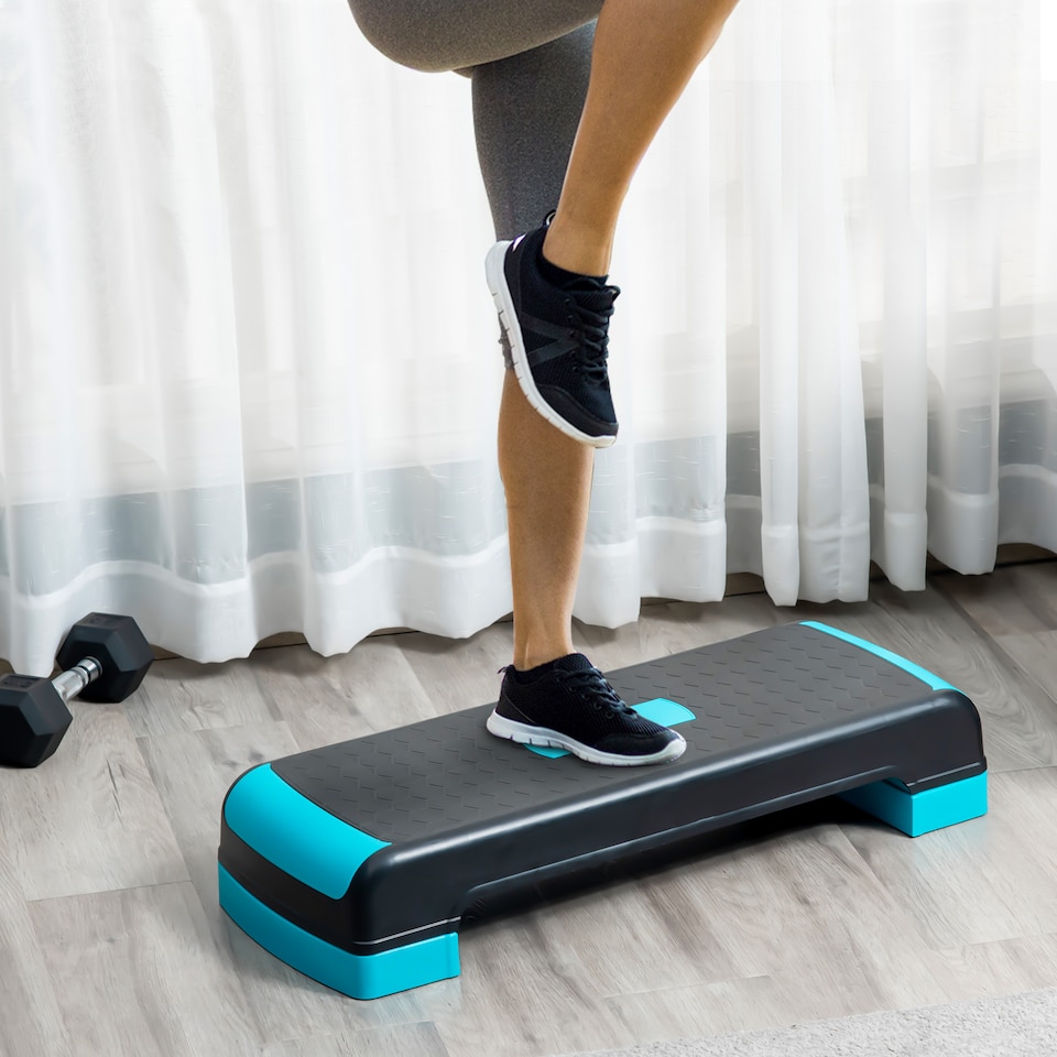 image 1 of HOMCOM Aerobic Step Three-Level Adjustable Exercise Stepper, Black and Blue