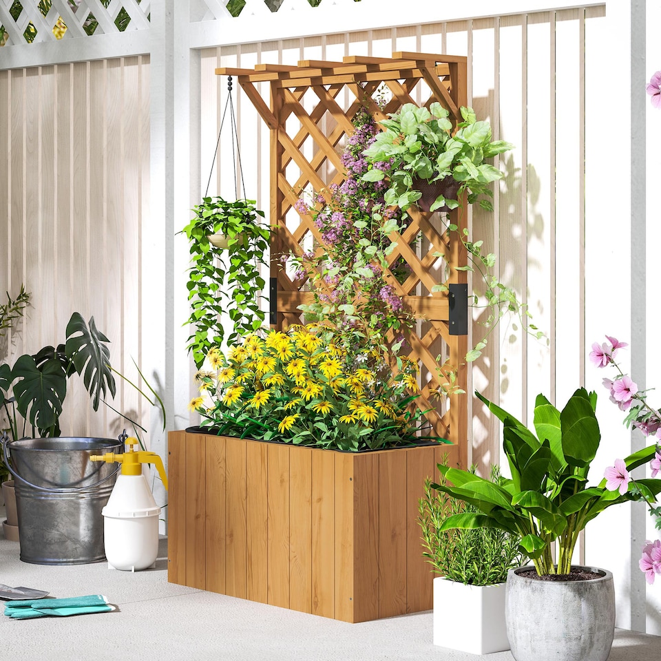 image 1 of Outsunny Outdoor Wooden Planter with Trellis and Drainage Holes, Natural