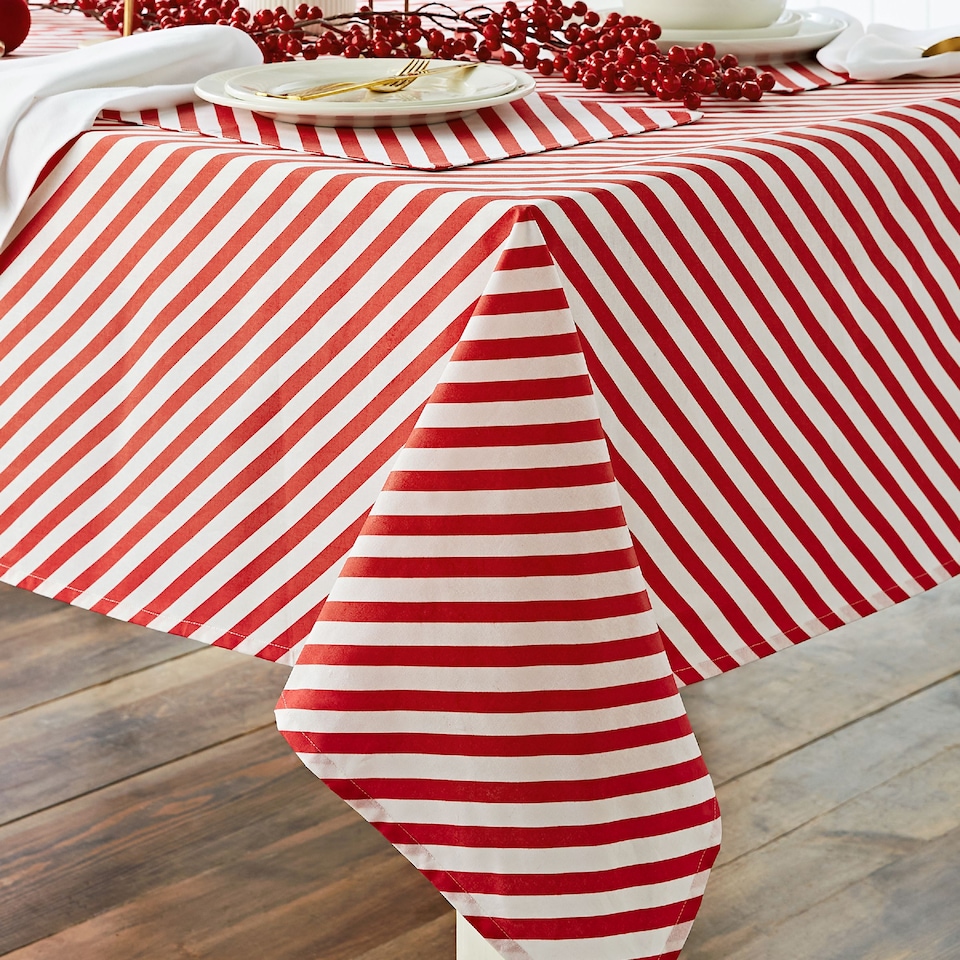 image 1 of Catherine Lansfield Christmas Candy Cane Cotton Table Cloth | Red | 137 x 229 cm