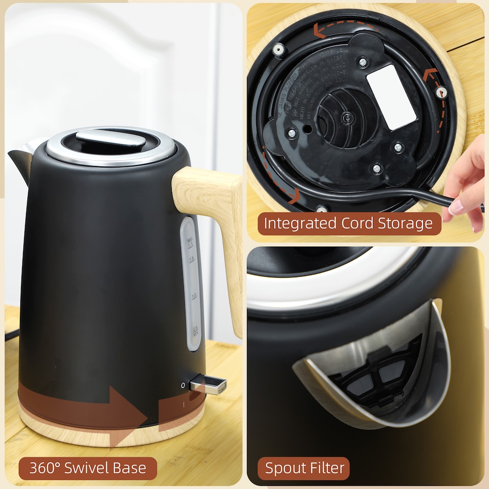 image 1 of HOMCOM Stainless Steel Kettle and Toaster Set, 1.7L 3000W Fast Boil Kettle & 2 Slice Toaster Kitchen Set with 7 Level Browning Controls, Defrost, Reheat, Auto Off, Boil-dry Protection, Black