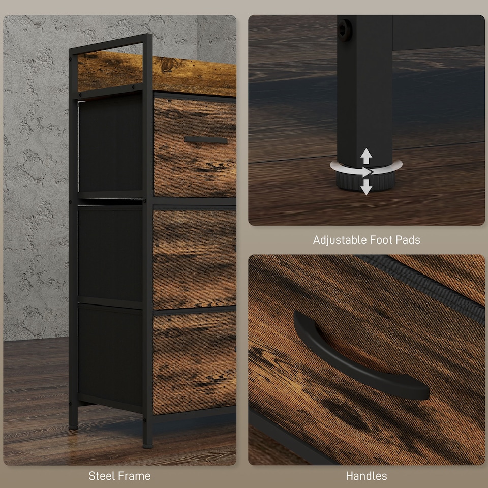 image 1 of HOMCOM Bedroom Chest of Drawers, Fabric Dresser with 4 Drawers, Storage Organiser Unit with Open Shelf and Metal Frame for Living Room, Entryway, Rustic Brown