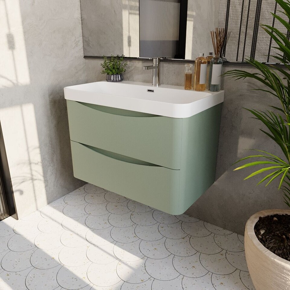 image 1 of Balterley Arch Modern Bathroom Wall Hung 2 Drawer Vanity Unit & Ceramic Basin | Green | Satin Green