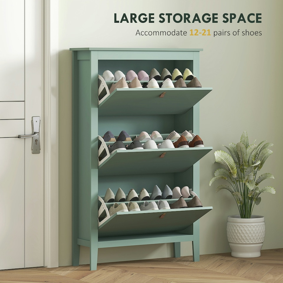 image 1 of HOMCOM 3 Drawer Shoe Cabinet with Flip Doors for Hallway, Entryway Green | 80W x 24D x 131H cm