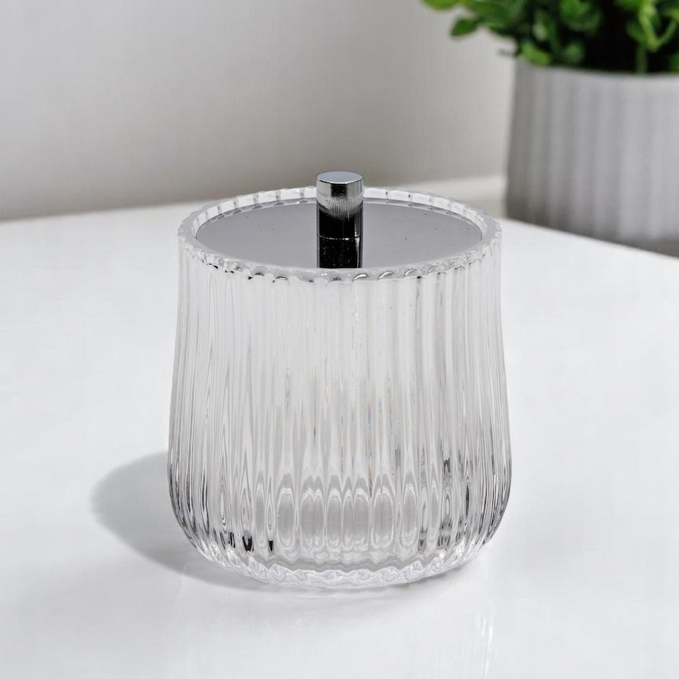image 1 of Showerdrape Regent Ribbed Glass Chrome Storage Jar | Clear | 1
