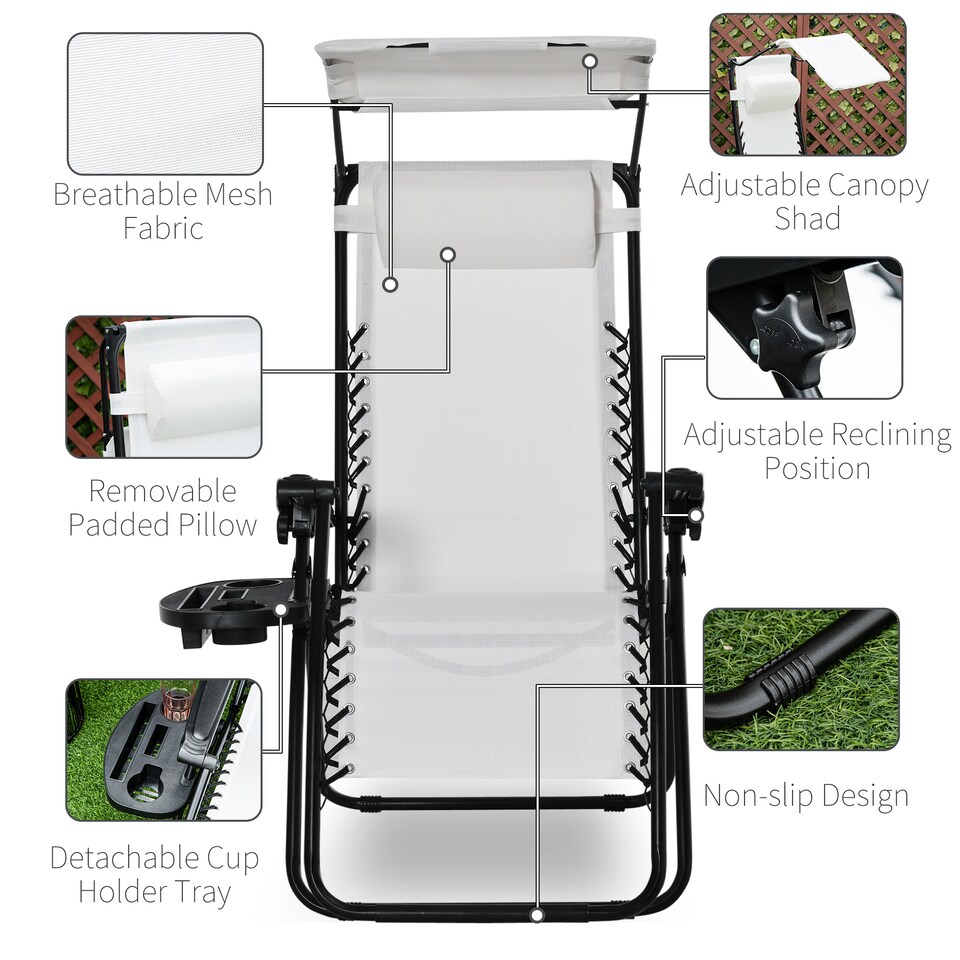 image 1 of Outsunny Foldable Reclining Garden Chair with Headrest, Zero Gravity Deck Sun Lounger Seat Chair with Footrest, Armrest, Cup Holder & Canopy Shade, White