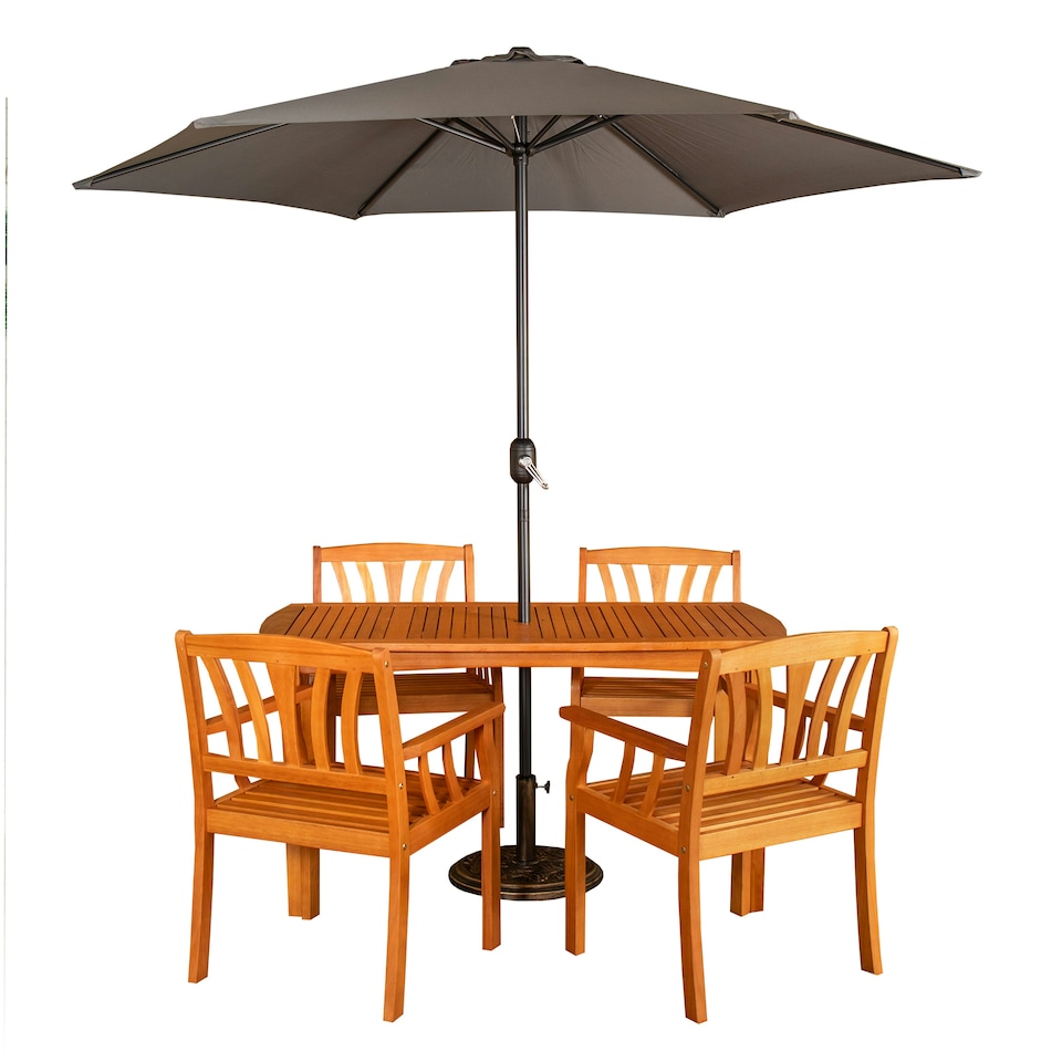 image 1 of Outdoor 4 Person Rectangular Wooden Dining Table Chairs with Grey Havana Parasol & Base Set