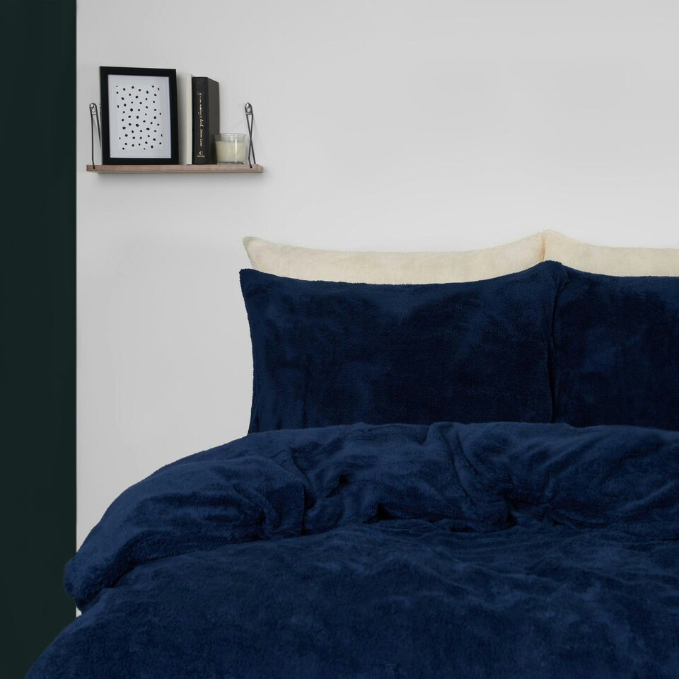 image 1 of OHS Teddy Fleece Ultra Soft Duvet Cover and Pillowcase Bedding Set, Double - Navy Blue