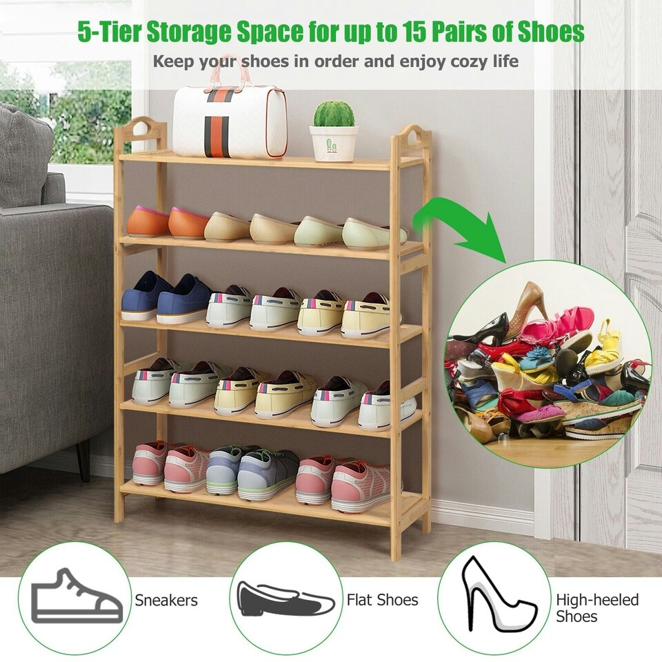 image 1 of COSTWAY 5-Tier Shoe Rack Organizer Wooden Display Shelf Brown