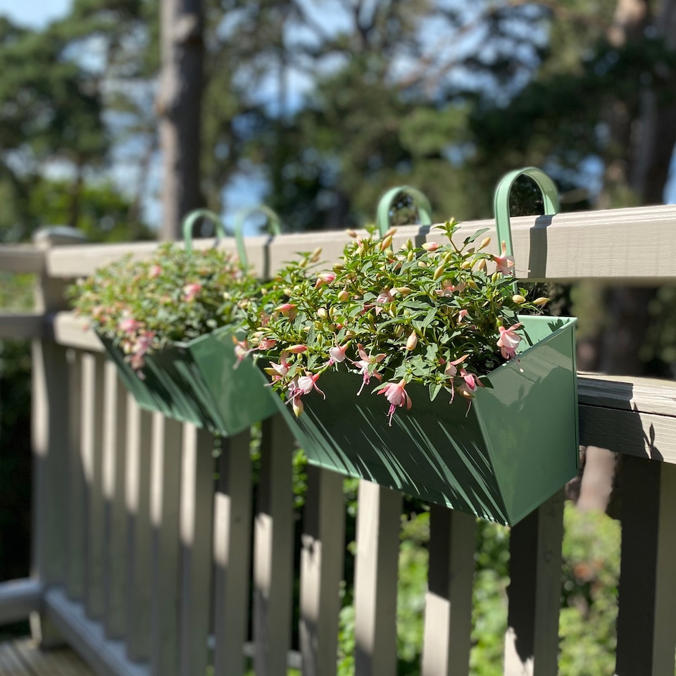 image 1 of Metal Railing Planters Sage Green Outdoor Balcony Hanging Pots - Pack of 2