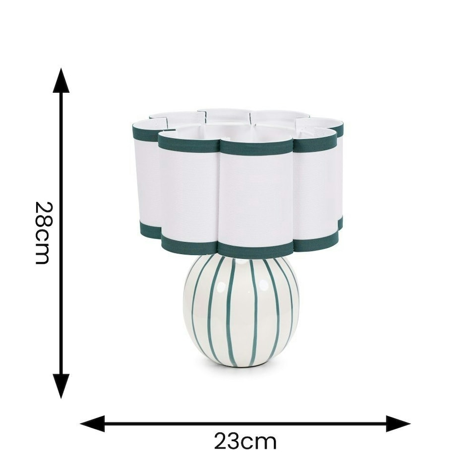 image 1 of ValueLights Rohan Teal Stripe Ceramic Sphere Table Lamp with Teal Trim Shade and LED Bulb