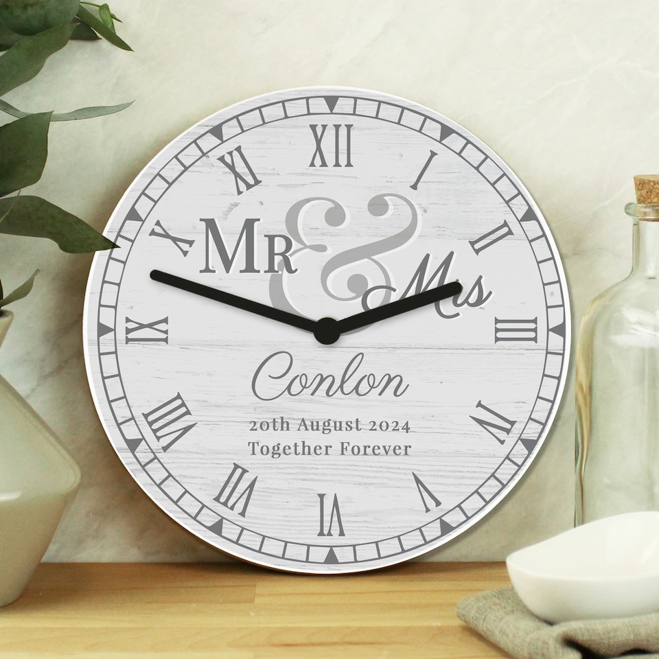 image 1 of Personalised Mr & Mrs Wooden Clock | White