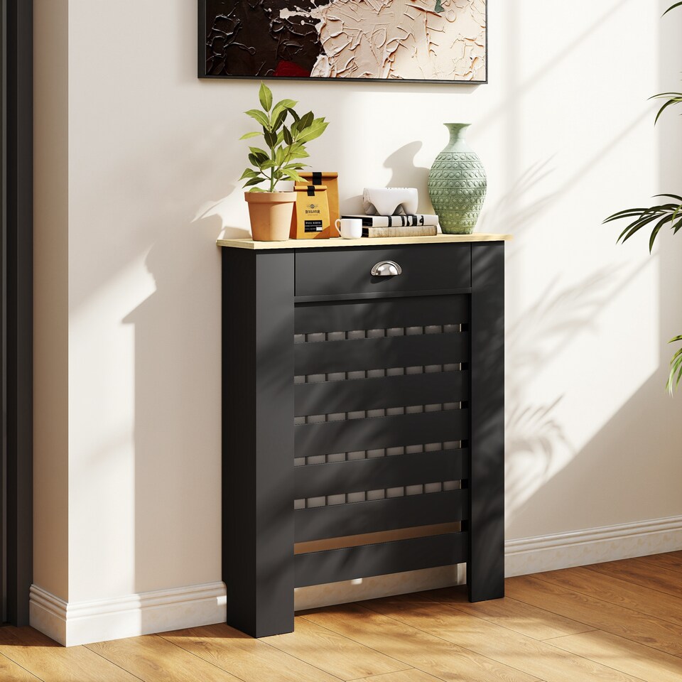 image 1 of HOMCOM Radiator Cover with Drawer, Horizontal Slat, 78cm | Black | Black | 78W x 19D x 95.5H cm