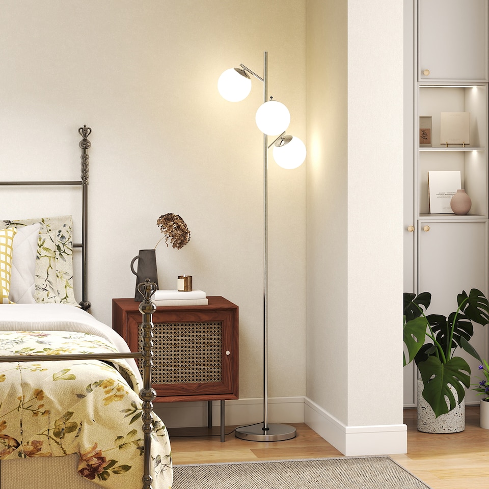 image 1 of HOMCOM 3-Light Tree Floor Lamps for Living Room, Modern Standing Lamp for Bedroom with Globe Lampshade, 3000K/4000K/6000K Colour Temperatures, Steel Base, Silver Tone | Silver
