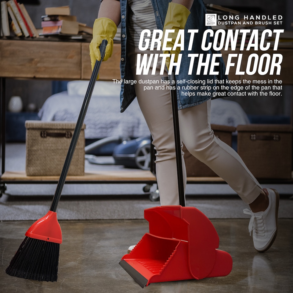image 1 of Long Handled Dustpan and Brush Set Upright Sweeping Broom with Self Closing Lid