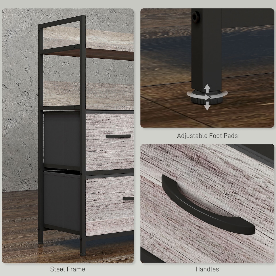 image 1 of HOMCOM Bedroom Chest of Drawers, Fabric Dresser with 5 Drawers, Storage Organiser Unit with Open Shelves and Metal Frame for Living Room, Entryway, Grey Wood Effect