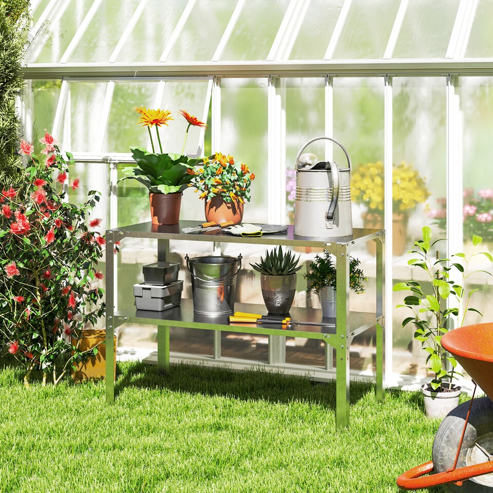 image 1 of Outsunny 2 Tier Potting Bench Table, Galvanised Work Bench, Silver Tone
