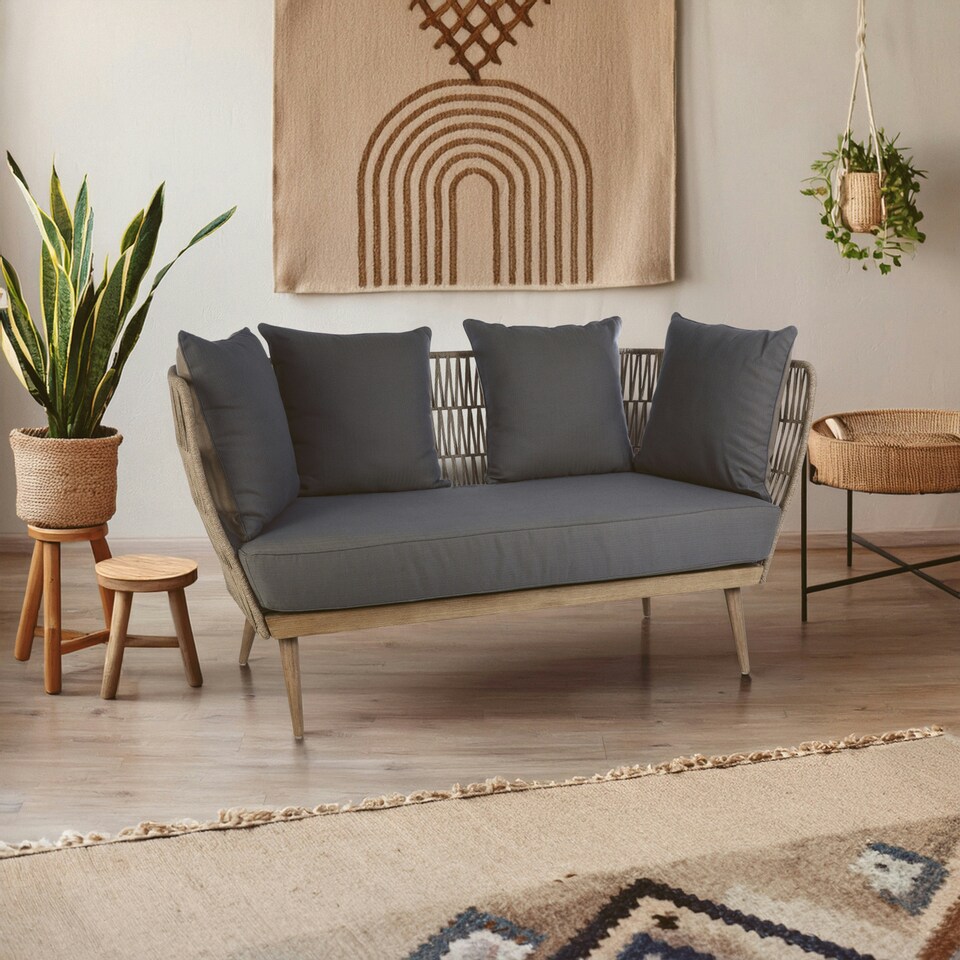 image 1 of Interiors by Premier 2 Seat Rope Sofa, Sustainable Rope Garden Sofa, Easy to Clean Grey Outdoor Sofa, Back & Armrest Rope Sofa Grey