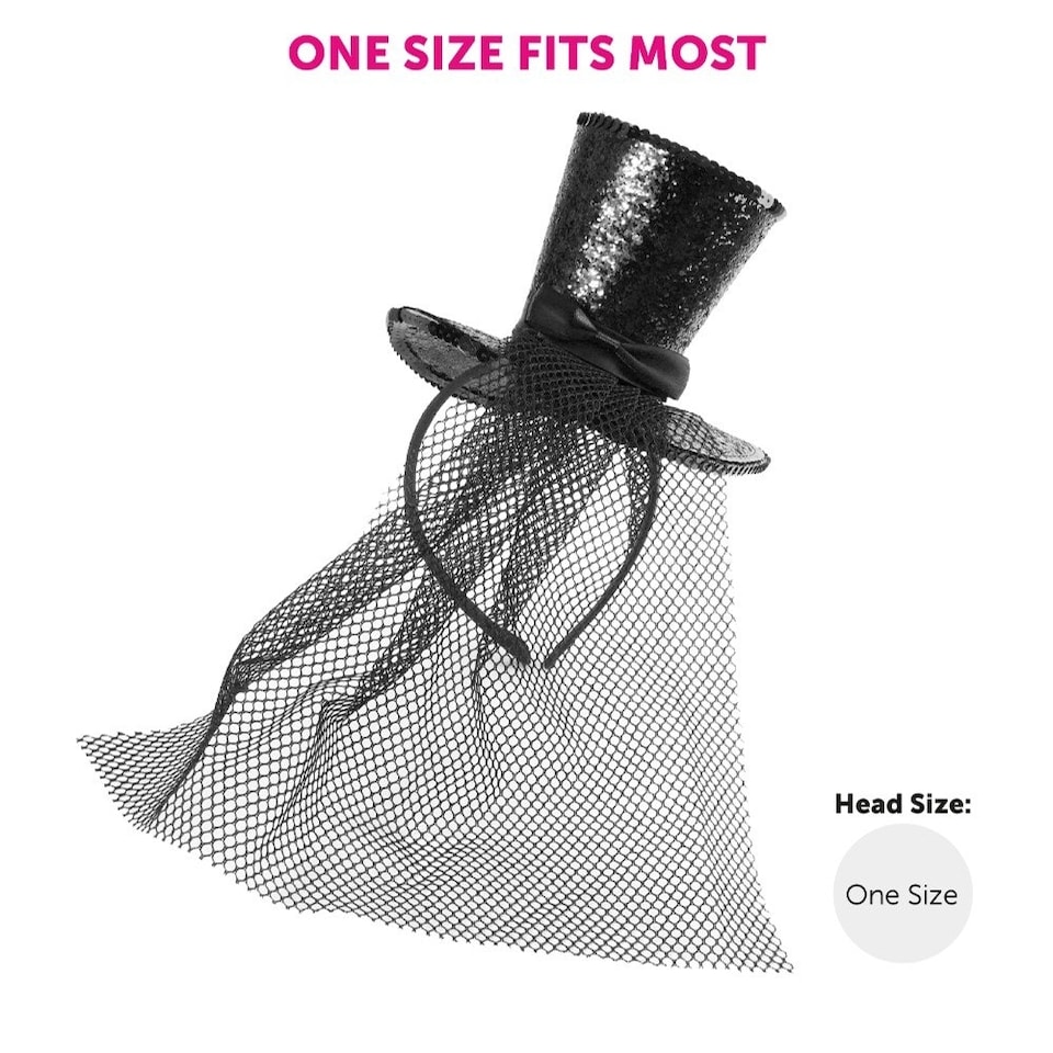 image 1 of Pack of 6 Mini Black Glitter Fascinator Top Hat Black | One Size