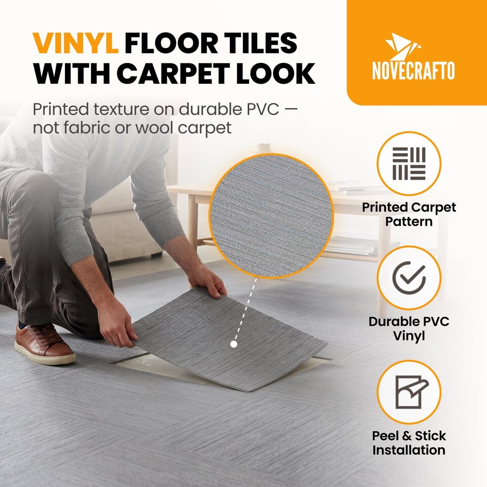 image 1 of NOVECRAFTO Self Adhesive Vinyl Floor Tiles 45x45cm Carpet Effect Peel and Stick