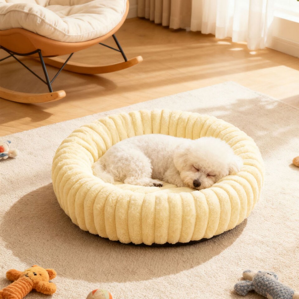 image 1 of Living and Home 6 Colour Soft Donut Pet Bed for Cats & Dogs,Warm & Cosy Retreat | Yellow | Pastel Yellow | M