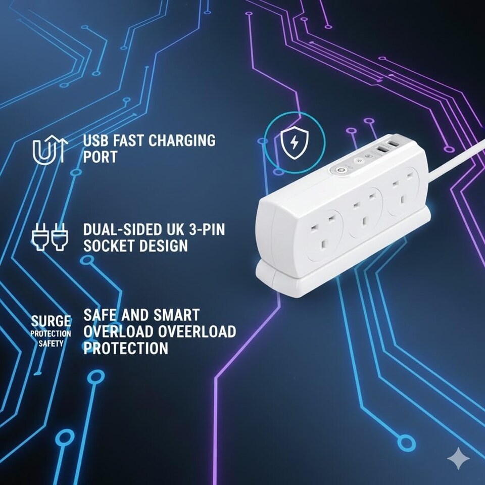 image 1 of Masterplug 6 Socket Surge Protected Extension Lead 2 Metre with USB Ports Switched Power Strip White