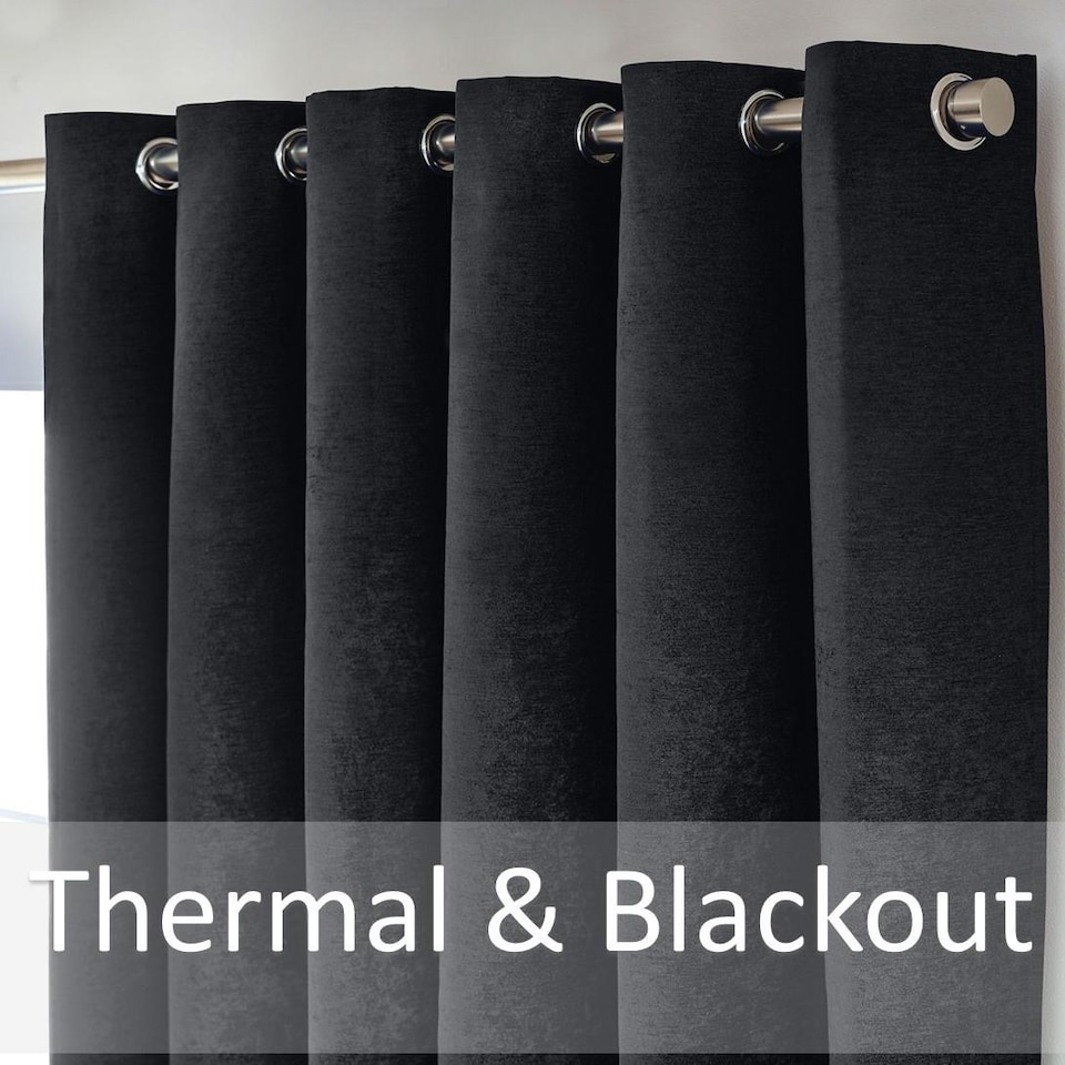 image 1 of Chenille Blackout Ring Top Eyelet Curtains 117cm x 183cm Black | Black | Black | 1