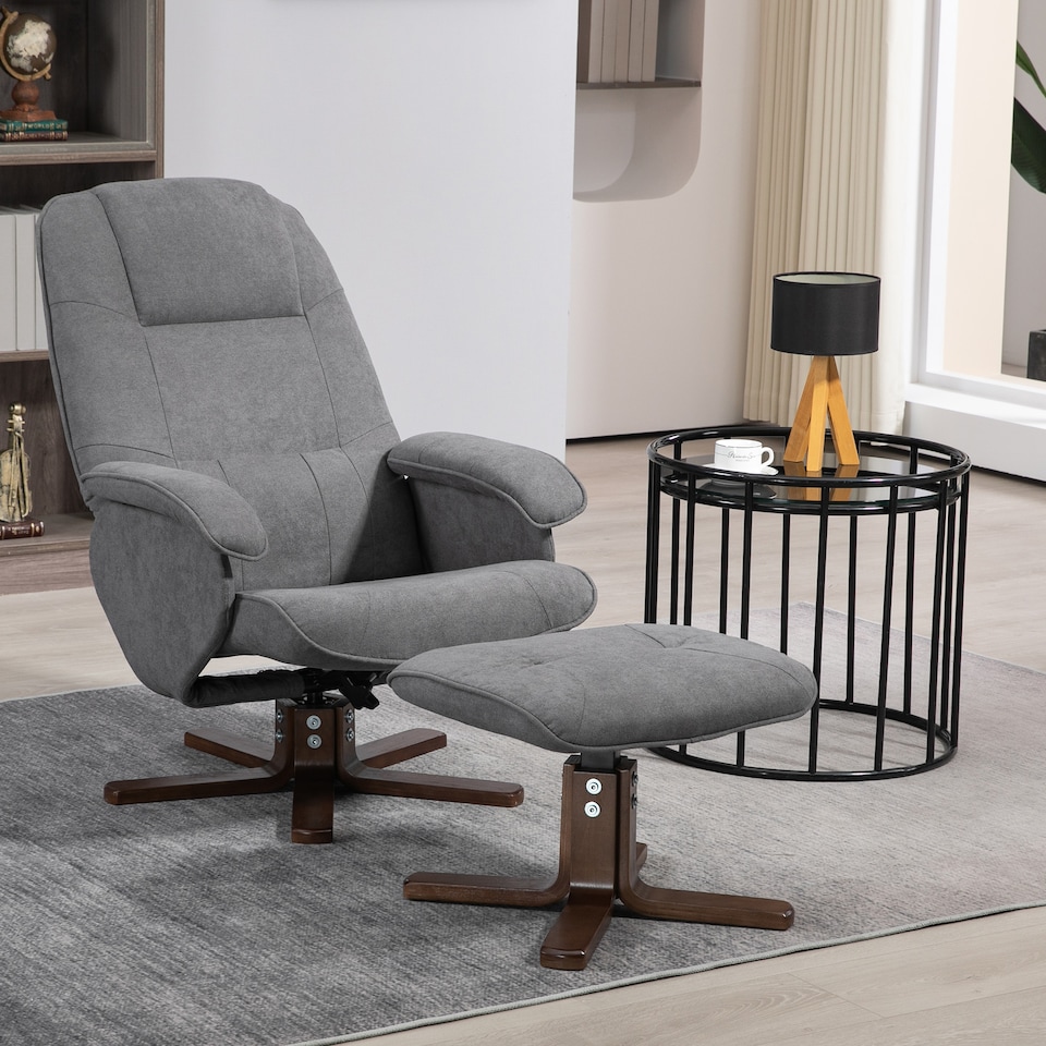 image 1 of HOMCOM Linen Swivel Recliner Chair with Footstool, Upholstered Reclining Armchair with Wooden Base for Living Room, Grey