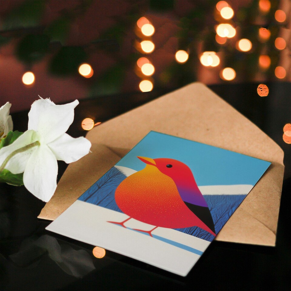 image 1 of Greeting Card Funky Robin Bird In Snow Winter Landscape Modern Blank For Him Or Her Art Xmas Christmas Card