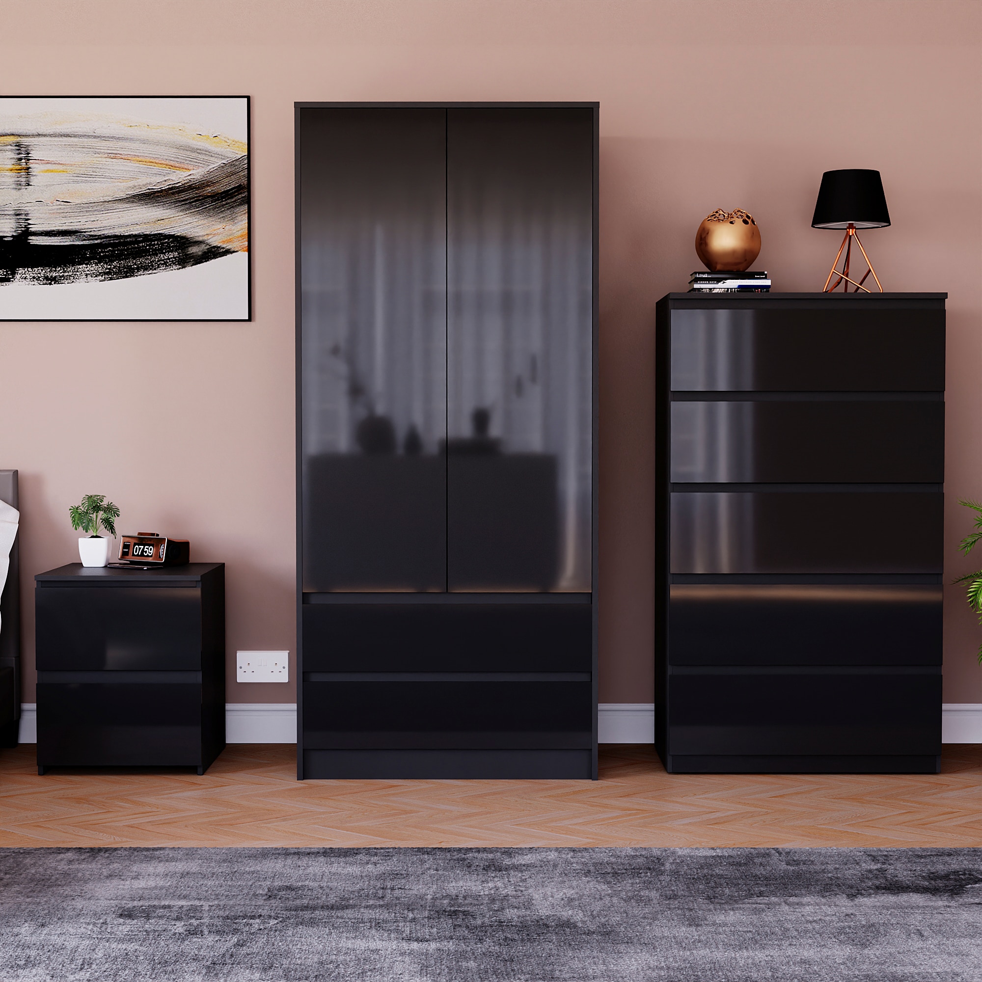 Vida Designs Glinton 3 Piece FSC Certified Bedroom Set (2 Drawer Bedside Chest, 5 Drawer Chest, 2 Door 2 Drawer Wardrobe), Black Black Black L 3