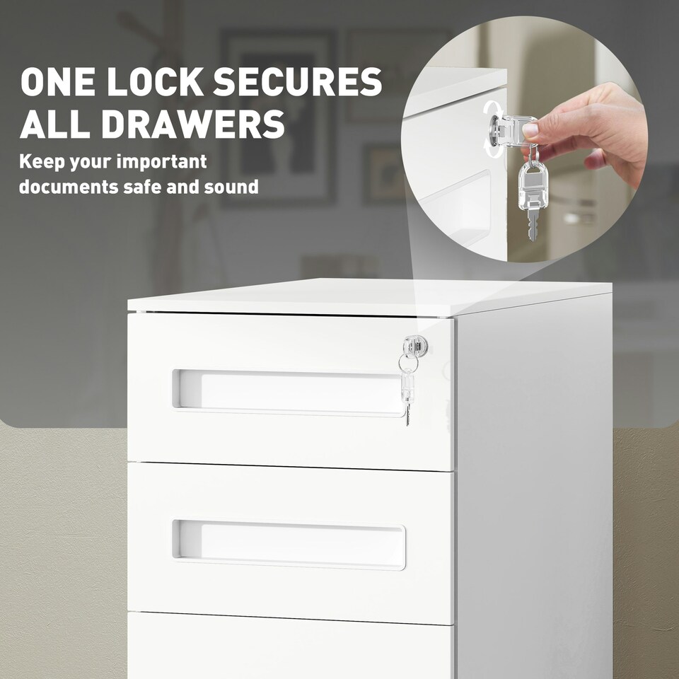 image 1 of Vinsetto Lockable Mobile Filing Cabinet w/ 3 Drawers 30 x 43.5 x 60 cm White 