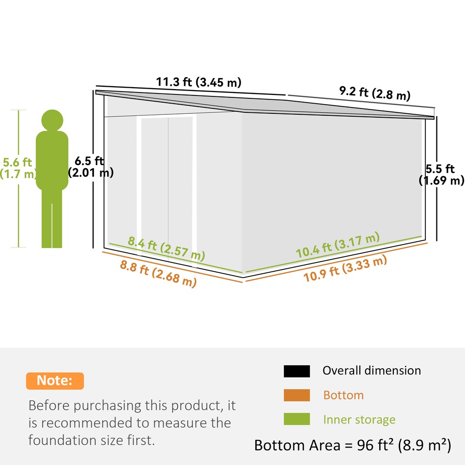 image 1 of Outsunny 11.3 x 9.2ft Lean to Metal Garden Shed, Outdoor Galvanised Tool Storage House with Double Sliding Doors and 2 Air Vents, Green