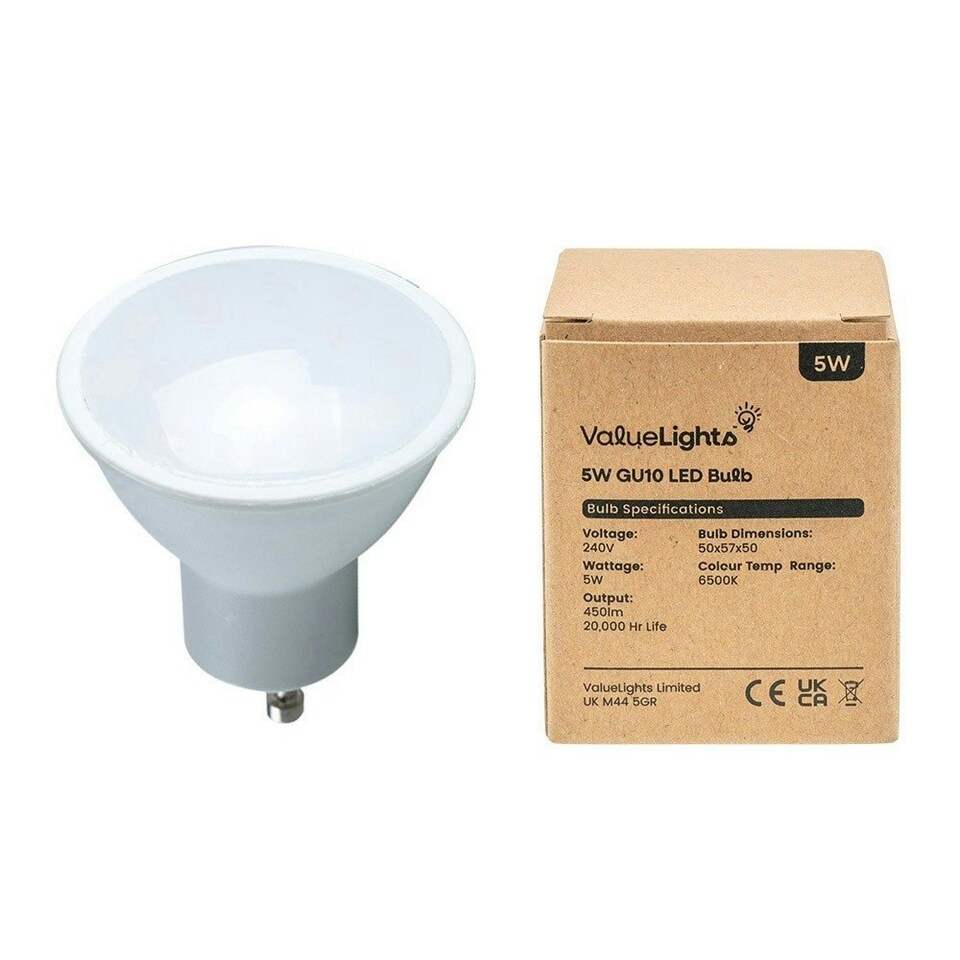 image 1 of ValueLights 3 Pack Dimmable GU10 White Plastic Spotlight LED 5W Cool White 6500K 480lm Light Bulb