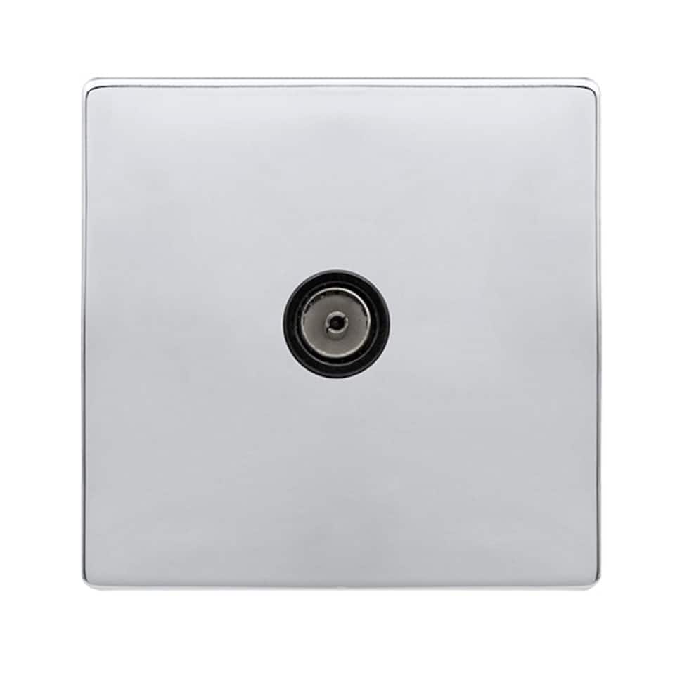 SE HOME Polished Chrome Screwless Plate 1 Gang Single Coaxial TV Socket - Black Trim - SE Home Black | Polished