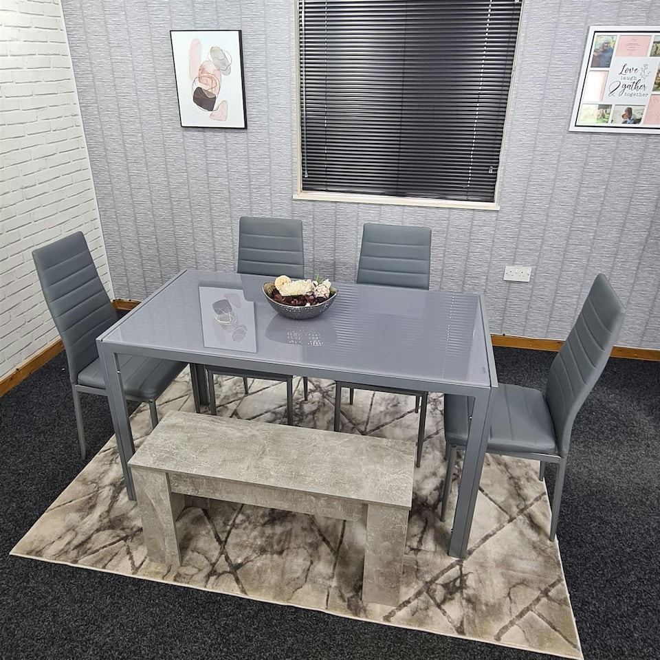 image 1 of Dining Table Set with 4 Chairs, and a Bench Dining Room and Kitchen table set of 4, and Grey Bench Grey
