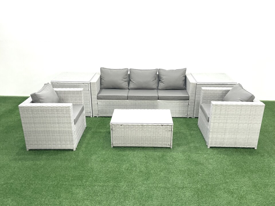 image 1 of Fimous Rattan Garden Furniture Set with 3 Seater Sofa 2 Chair Rectangular Coffee Table 2 Side Tables Light Grey Mixed 5 Seater