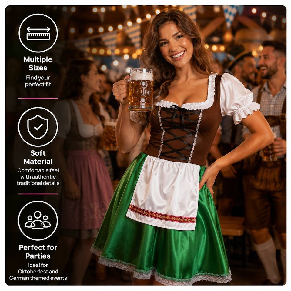 image 1 of Womens Bavarian Oktoberfest Beer Maid Costume Brown Green Fancy Dress Party Outfit For Adults