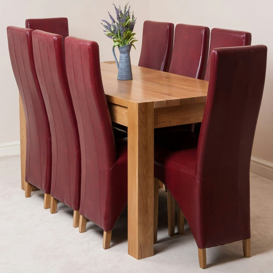 image 1 of Kuba Large Oak Dining Table with 8 Lola Burgundy Leather Chairs Red