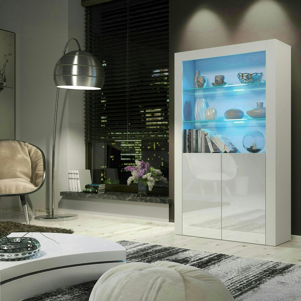 image 1 of White Display Cabinet 100cm Gloss Doors Free LED Modern Tall Unit White