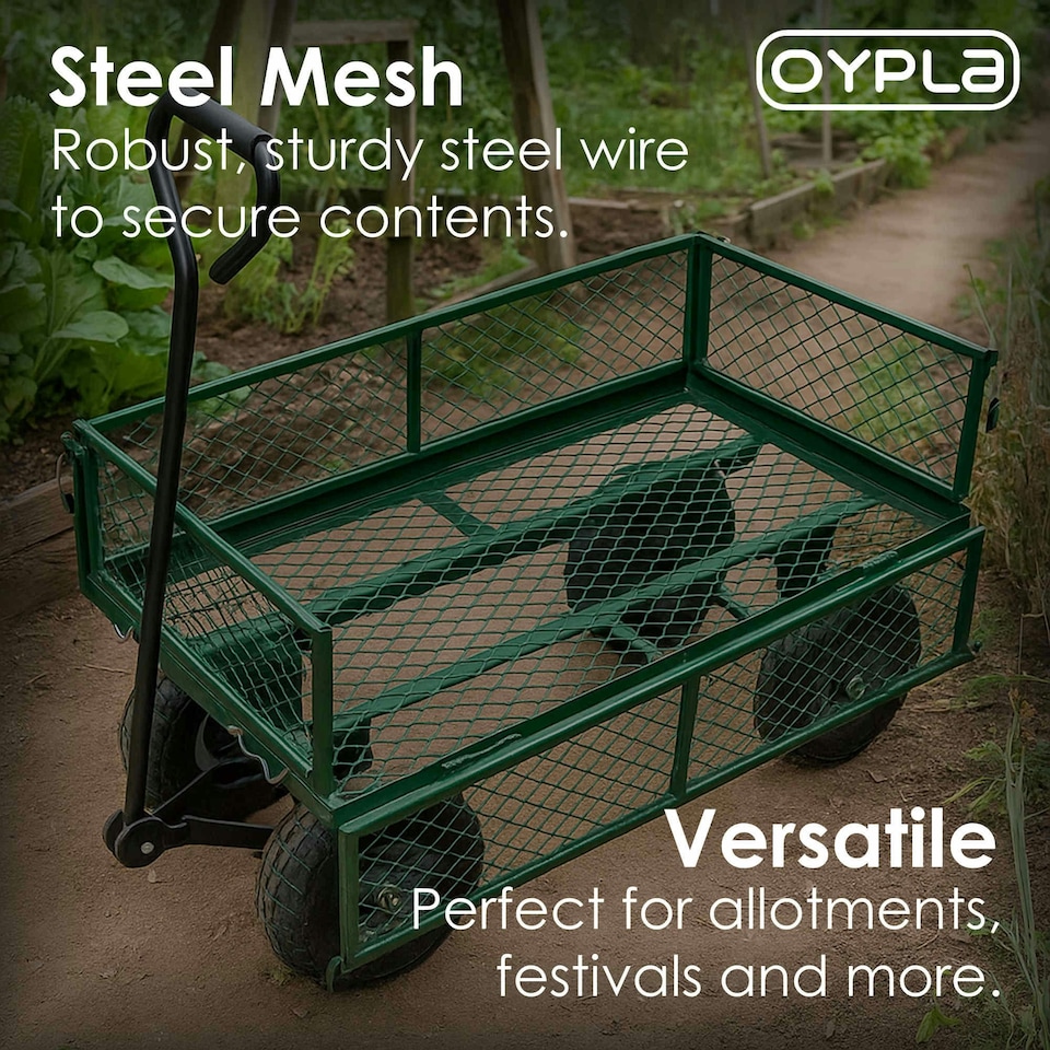 image 1 of Oypla Heavy Duty Metal Gardening Trolley - Green Trailer Cart