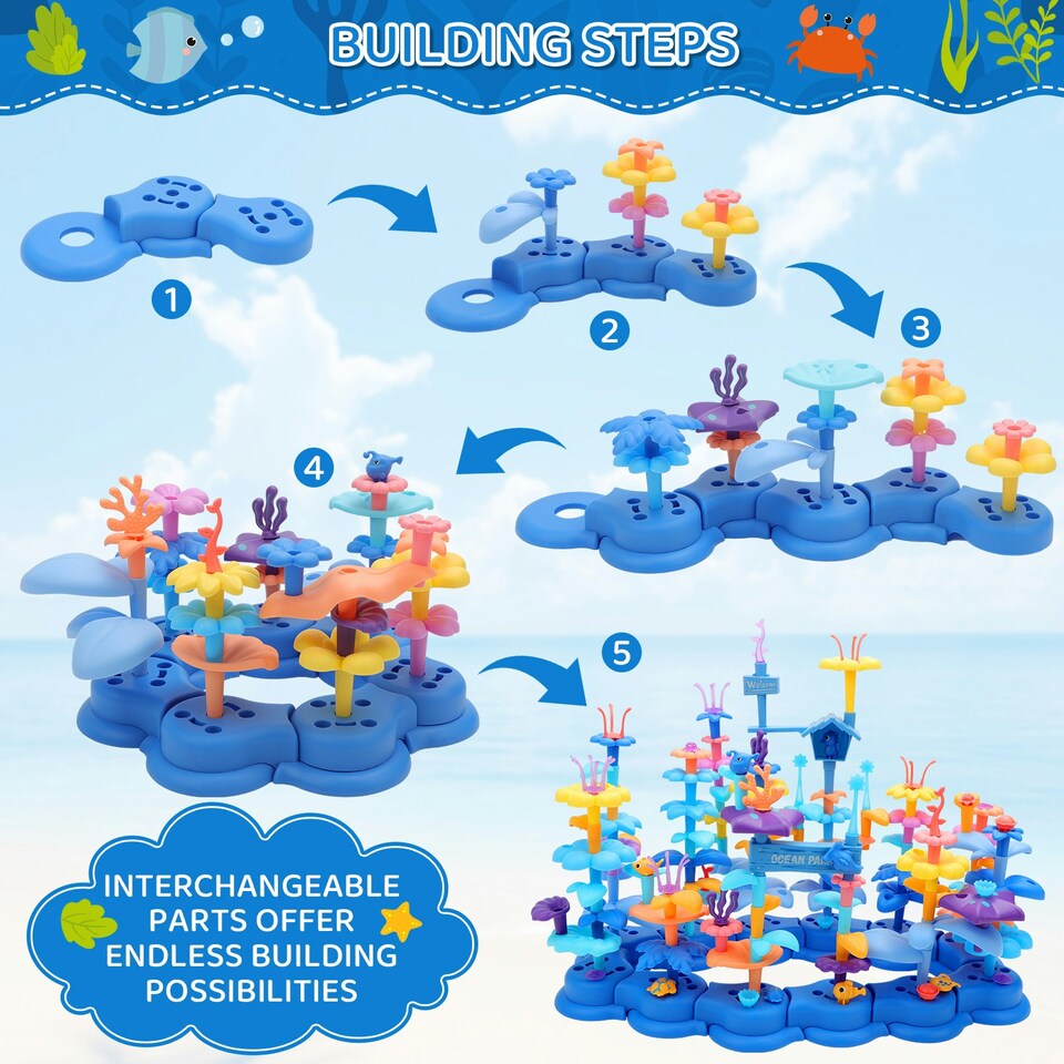 image 1 of 2 in 1 Ocean World and Flower Garden Building Toys 136 PCS STEM Construction Set for Kids