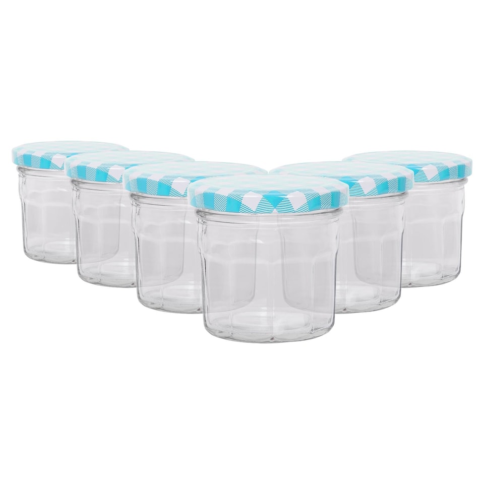 image 1 of Argon Tableware Glass Jam Jars with Blue Gingham Lids - 130ml - Pack of 6