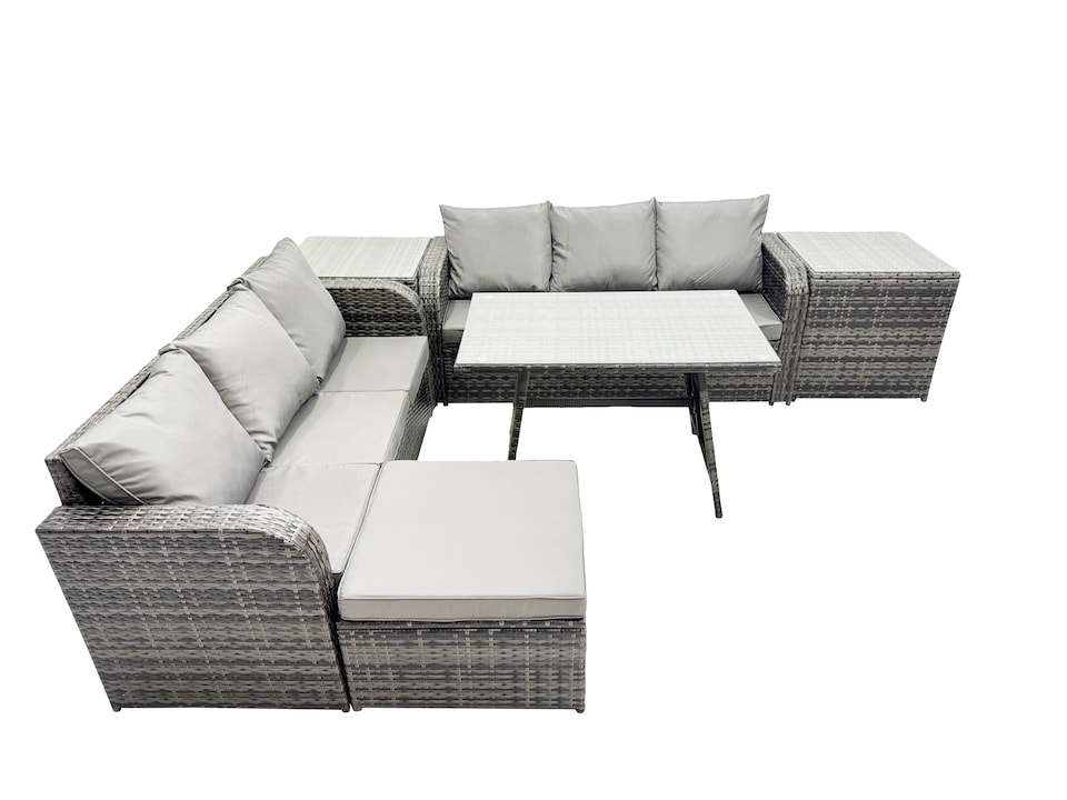 image 1 of Fimous Garden Rattan Outdoor Furniture Set 7 Seater with 3 Seater Sofa Big Stool 2 Side Table Dark Grey
