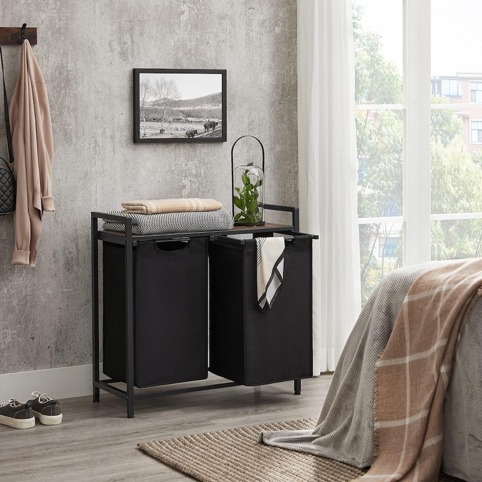 image 1 of Laundry Sorter with 2 Removable Liner Bags, Pull-Out Hampers and Storage Shelf, Rustic Brown and Ink Black