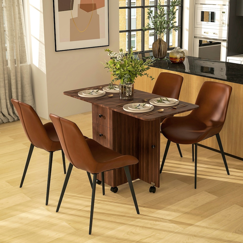 image 1 of HOMCOM Folding Dining Table, Drop Leaf Table With Drawers Distressed Brown