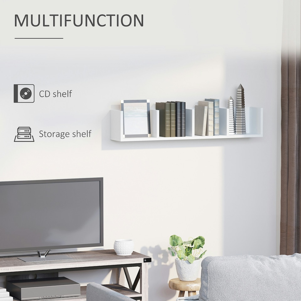 image 1 of HOMCOM Wooden Wall-Mounted Storage Media Display Shelf Center Rack, White