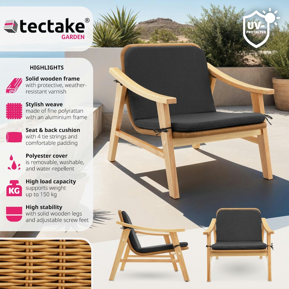 image 1 of Garden Chair Treviso - polyrattan with varnished wooden frame, thick cushion Brown | Nature