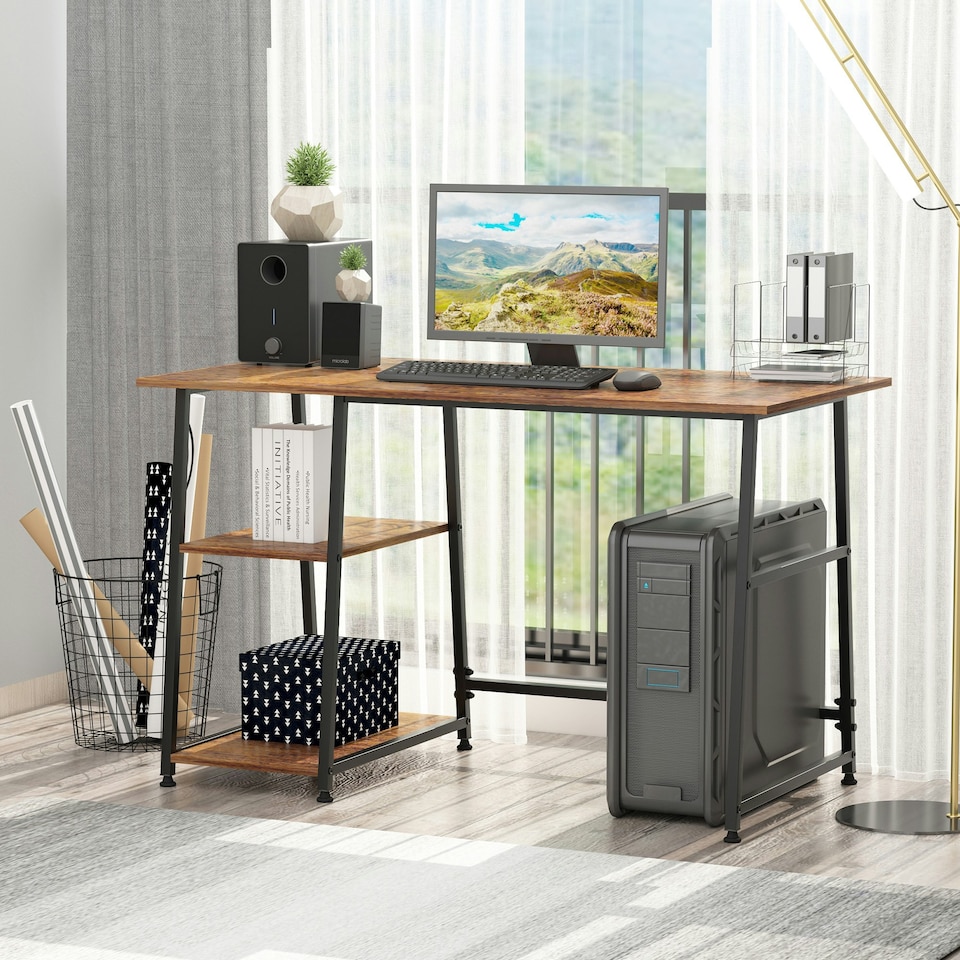 image 1 of HOMCOM Writing Desk Working Station Home Office Table with 2 Shelves Steel Frame