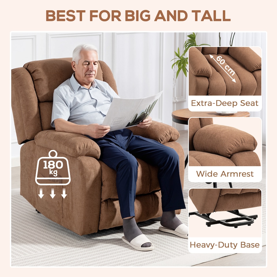 image 1 of HOMCOM Power Lift Recliner Chair with Massage, Linen Overstuffed Lift Chair for Elderly, Electric Recliner Armchair with Footrest, Remote Control and Side Pocket, for Living Room, Brown | Brown | Brown